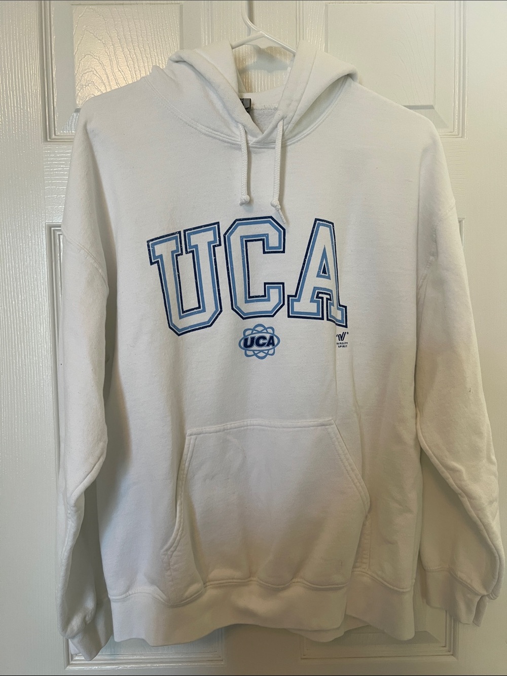 Varsity UCA White Hoodie with Blue Lettering